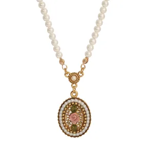 1928 Jewelry Pearly Eden 4mm Faux Pearl Strand Pink Rose Enamel Pendant Necklace 14 + 3 Extender