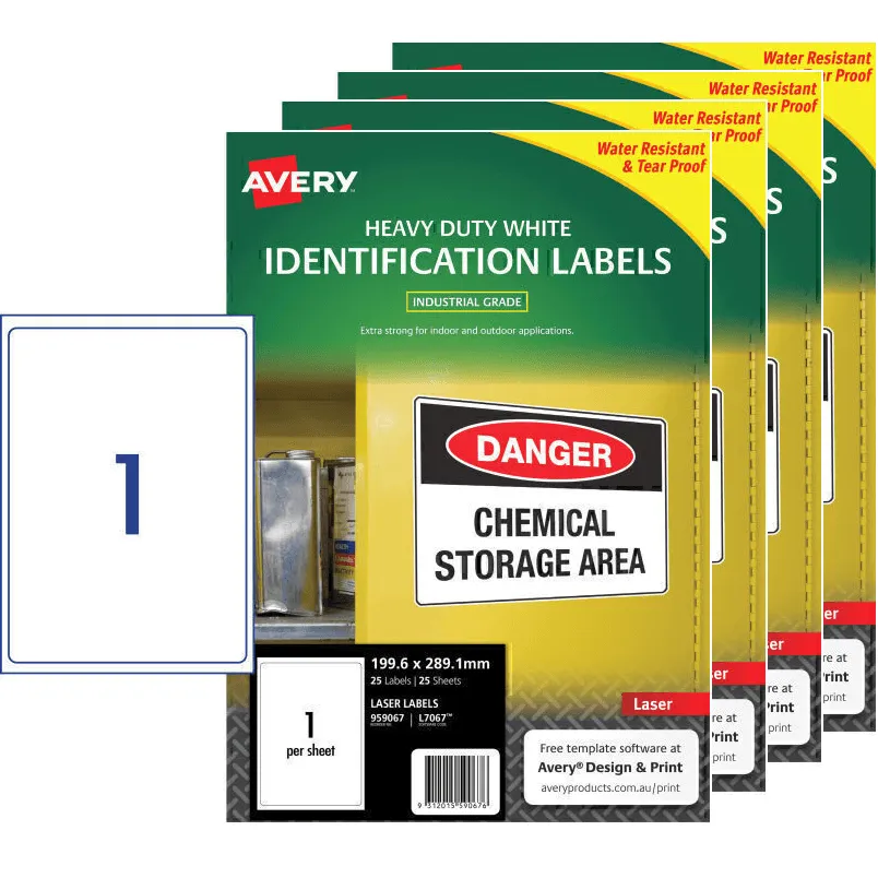 4 Pack Avery 959067 L7067 Heavy Duty Laser Labels White 1/Page Pack 25 Sheets