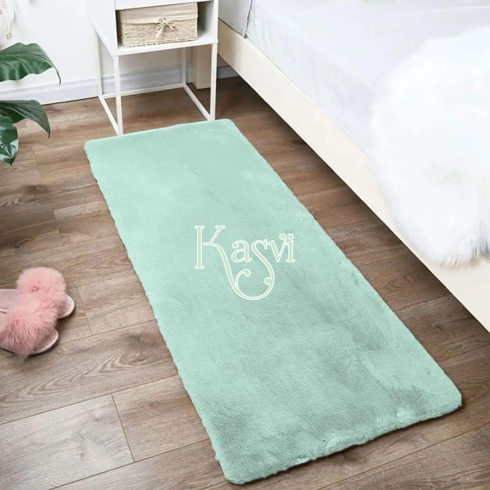 Agave Green  shade Super Soft Faux Rabbit Fur Bed Side Runner -GIR001BSAG