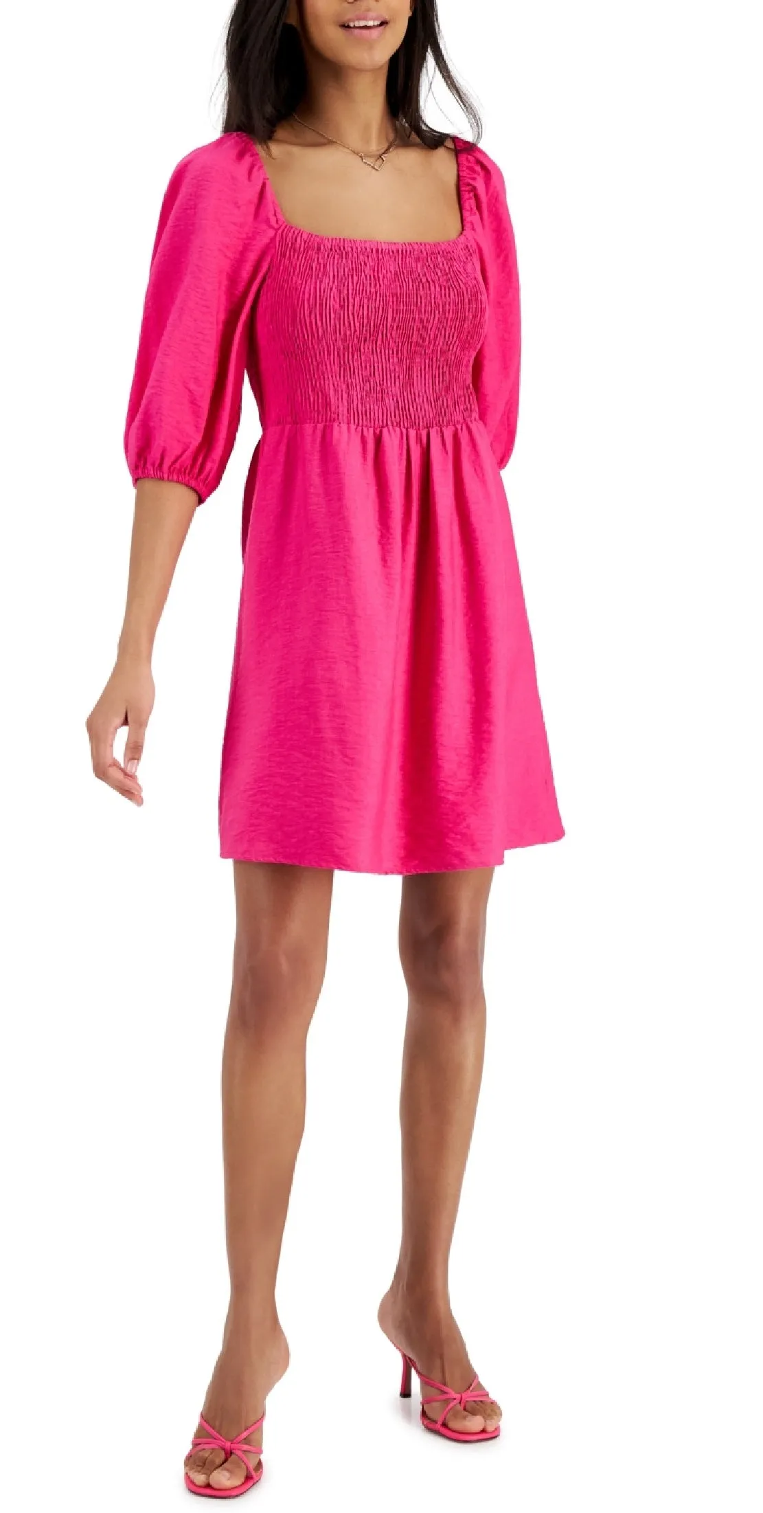 Bar III Women's Puff Sleeve Smocked Dress Pink Size Medium