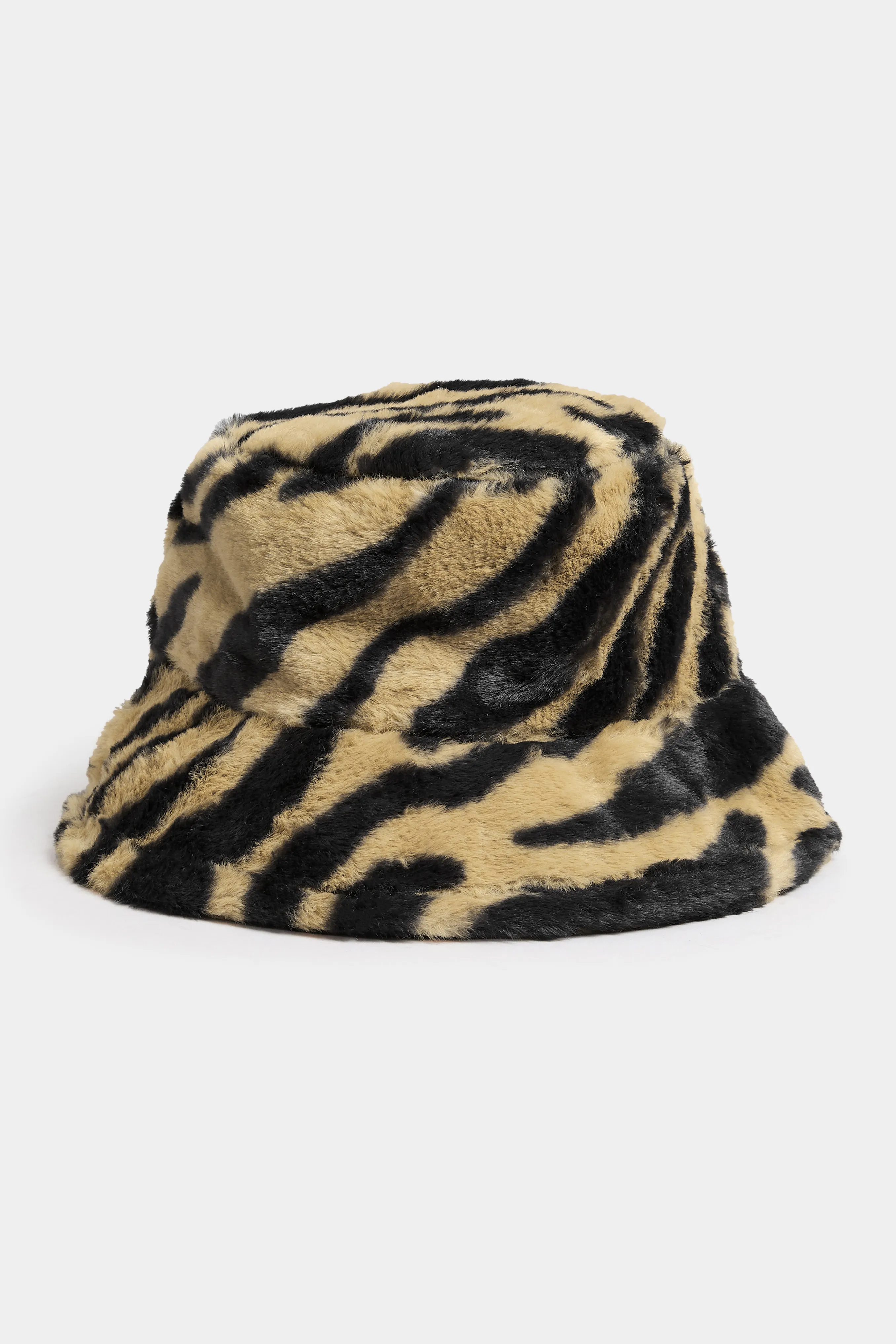 Beige Brown Zebra Print Faux Fur Bucket Hat