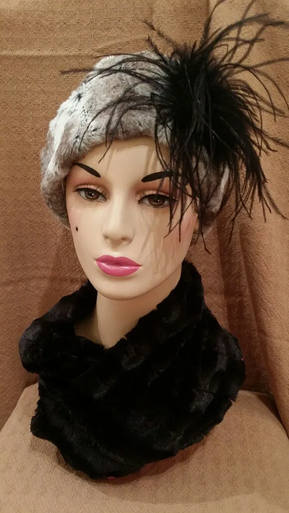 Birch with Black Ostrich Feather Luxury Faux Fur Cuffed Pillbox Hat