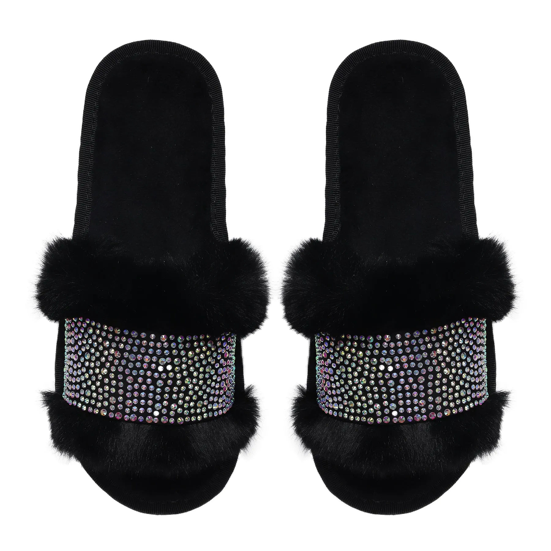 Black Faux Fur Nina Glampers with White AB Crystals