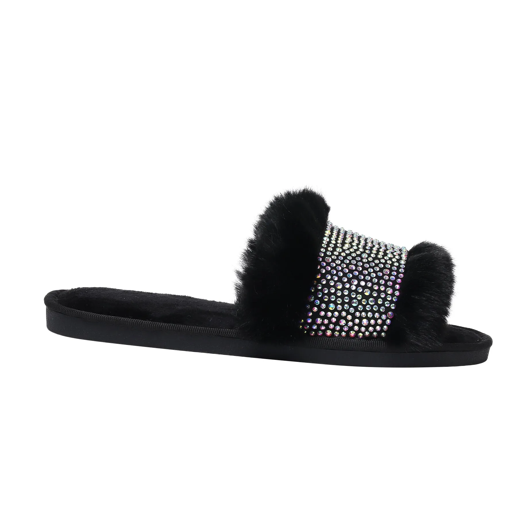 Black Faux Fur Nina Glampers with White AB Crystals