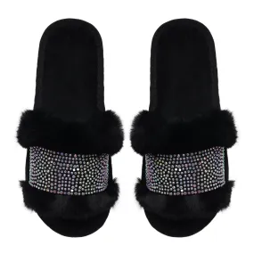 Black Faux Fur Nina Glampers with White AB Crystals