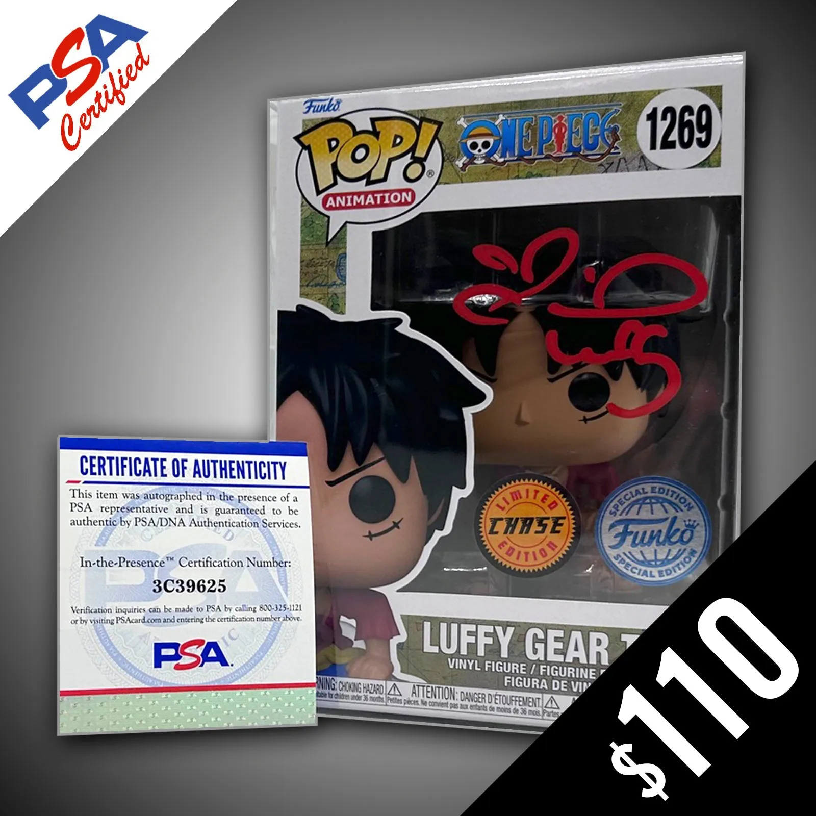 Funko Pop! One Piece: Gear Two Luffy #1269 (CHASE) - SIGNED by Colleen Clinkenbeard (PSA Certified)