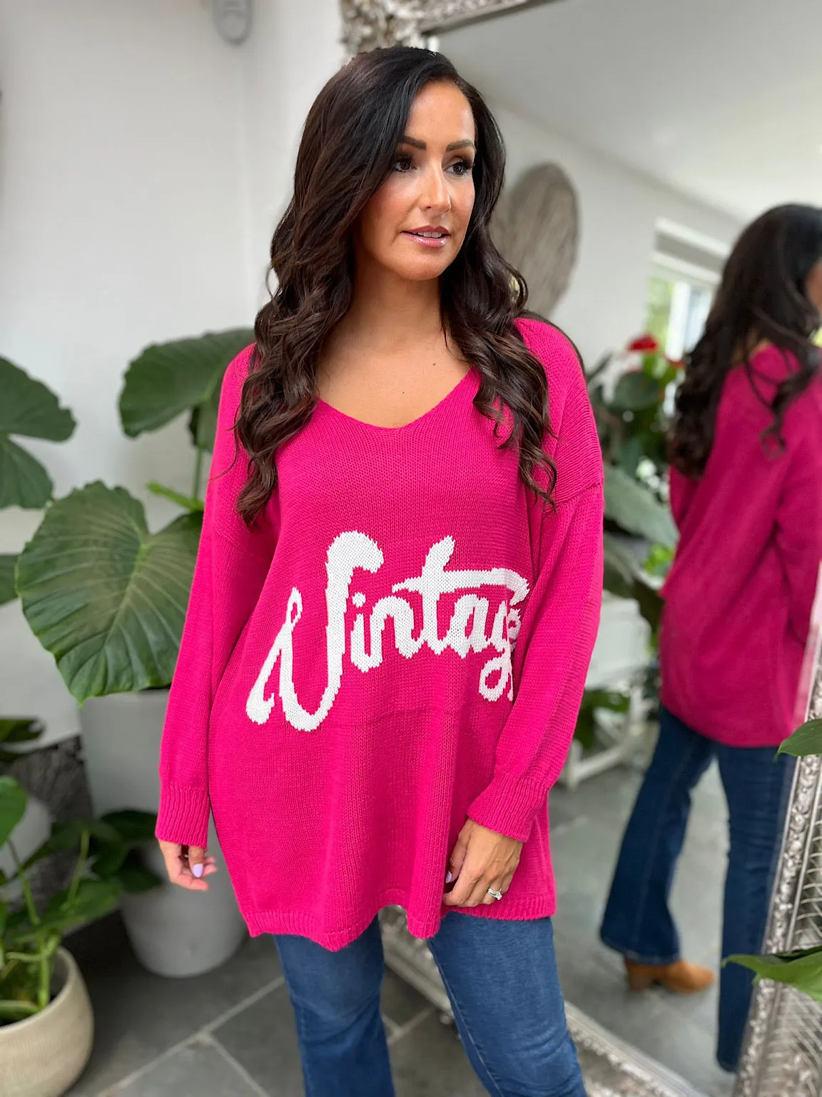 Lipstick Pink Vintage V Neck Jumper Carol