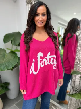 Lipstick Pink Vintage V Neck Jumper Carol