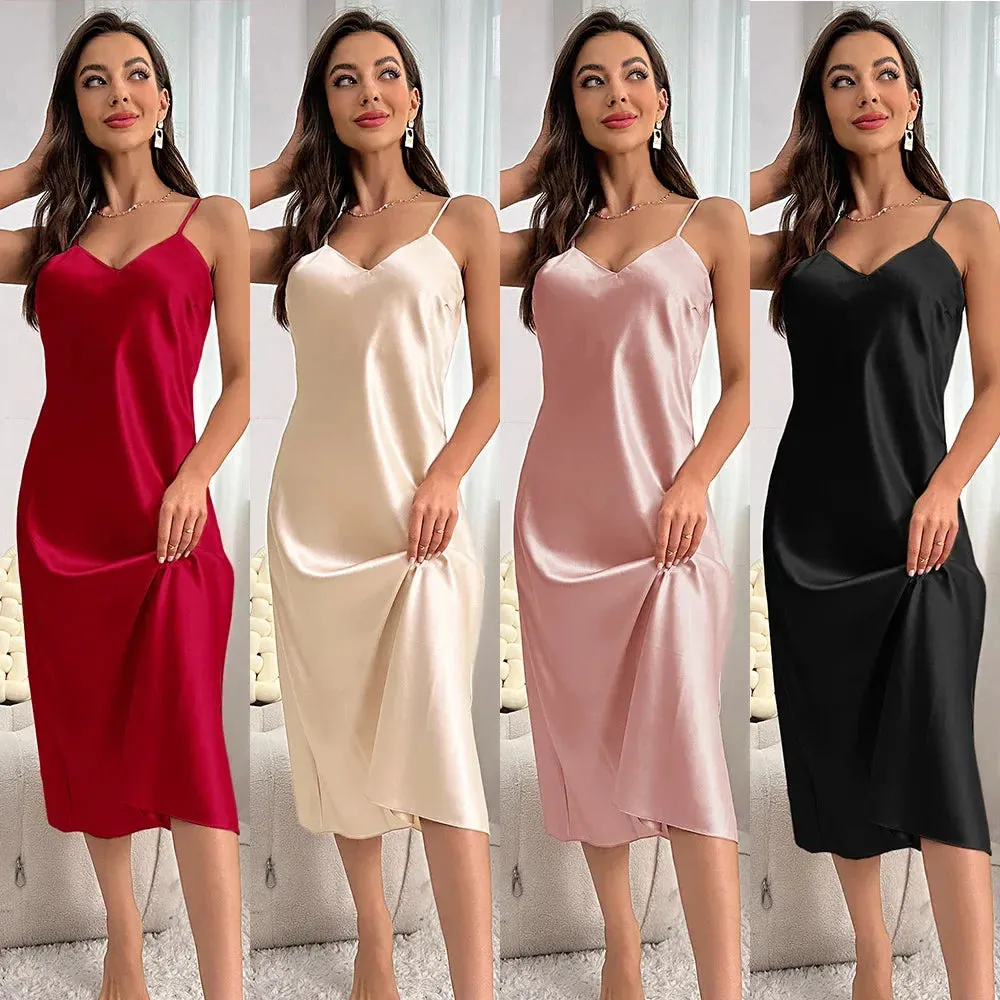 Long Nightdress Womens Pajamas Sexy Seductive Silk Satin Home Wear