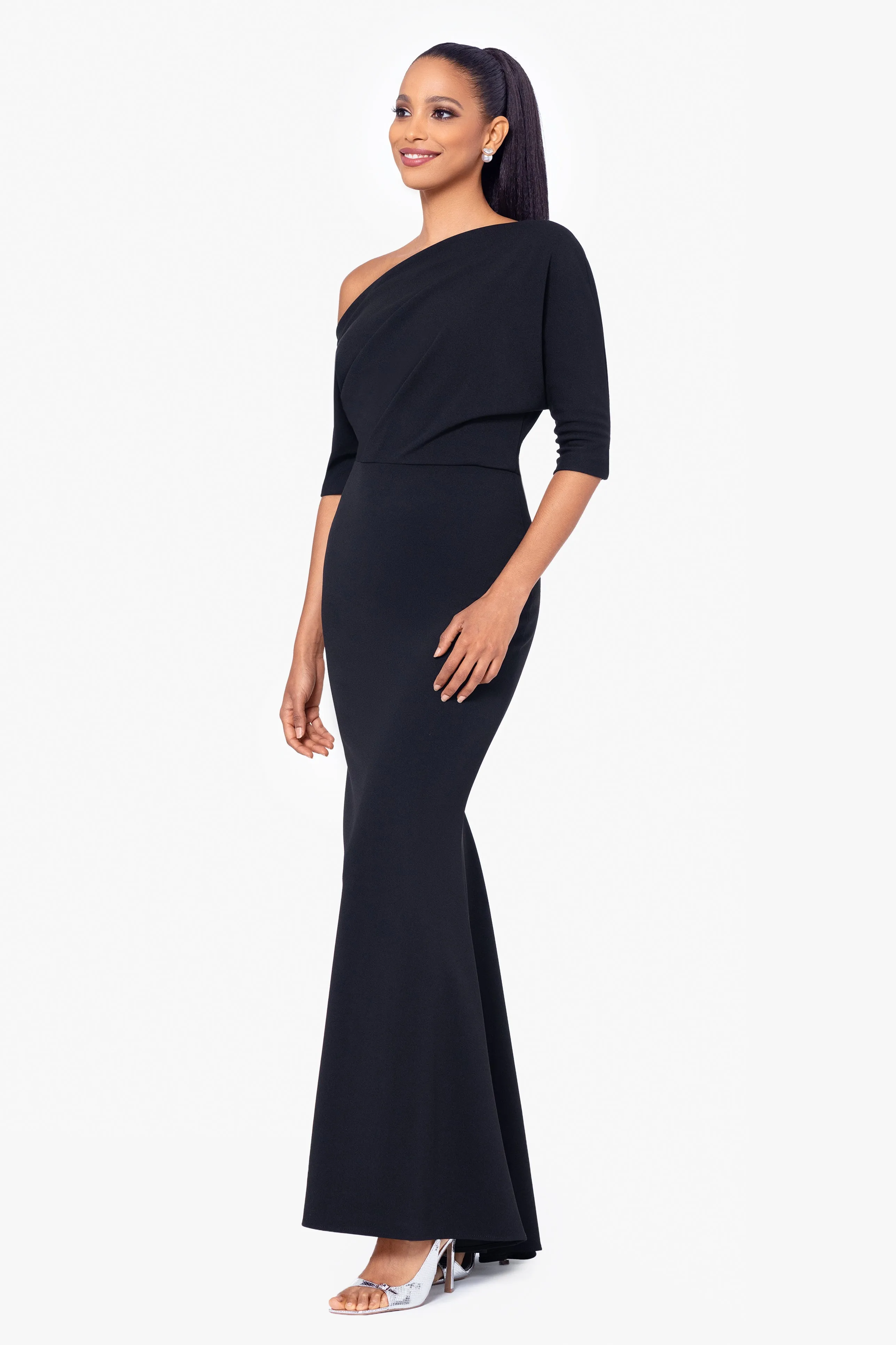 Madeline Long Scuba Crepe Off the Shoulder Drop Dress