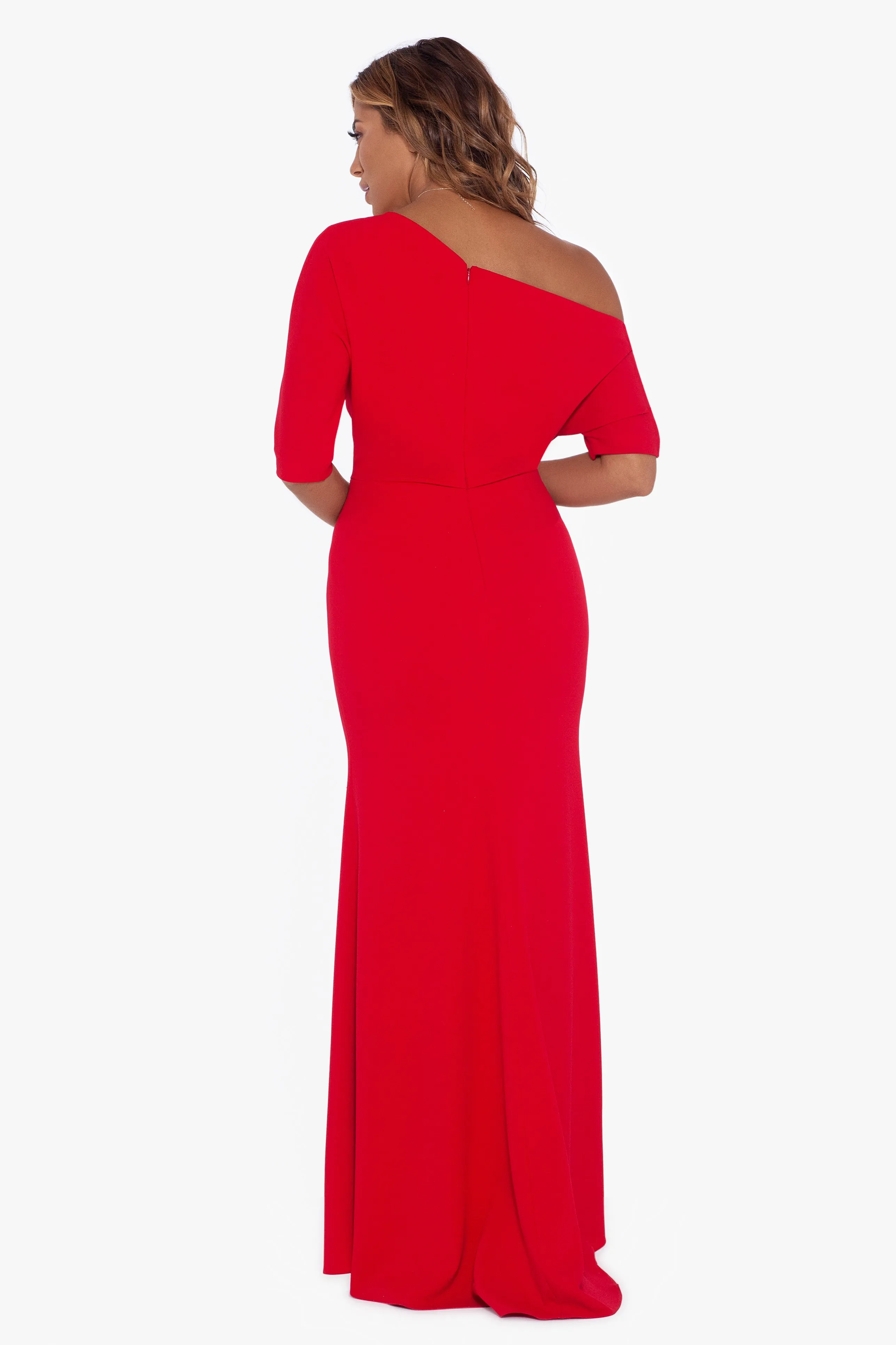 Madeline Long Scuba Crepe Off the Shoulder Drop Dress