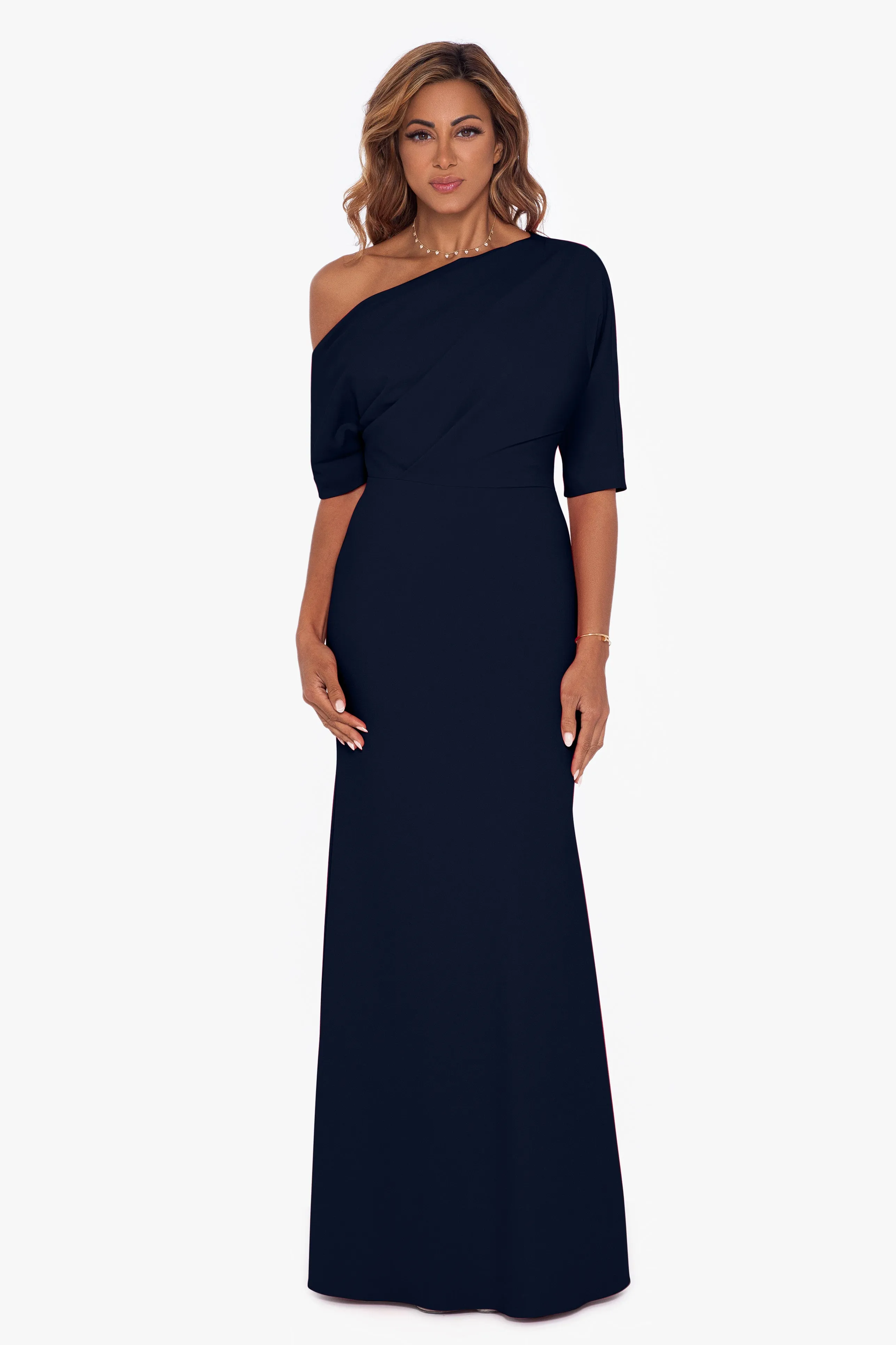 Madeline Long Scuba Crepe Off the Shoulder Drop Dress