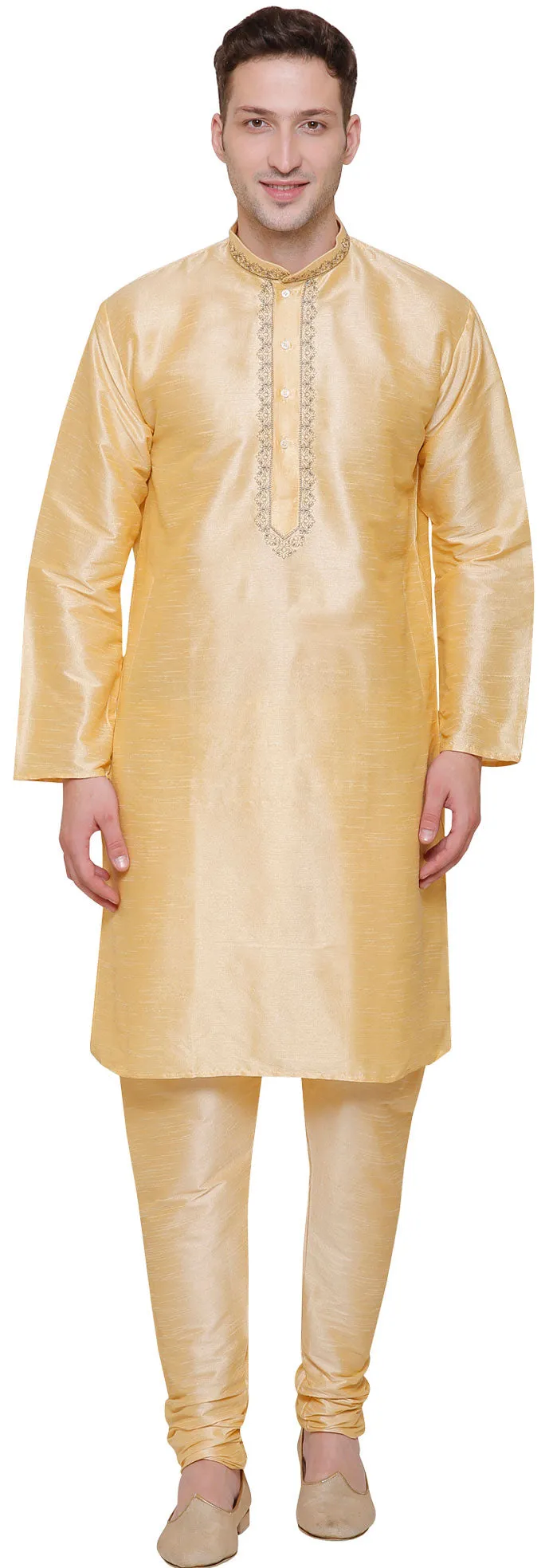 Party Wear Dupion Silk Mens Kurta Pajama India Clothing (Golden)