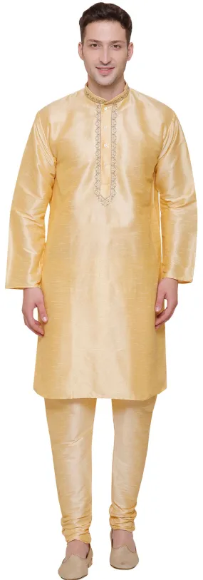 Party Wear Dupion Silk Mens Kurta Pajama India Clothing (Golden)