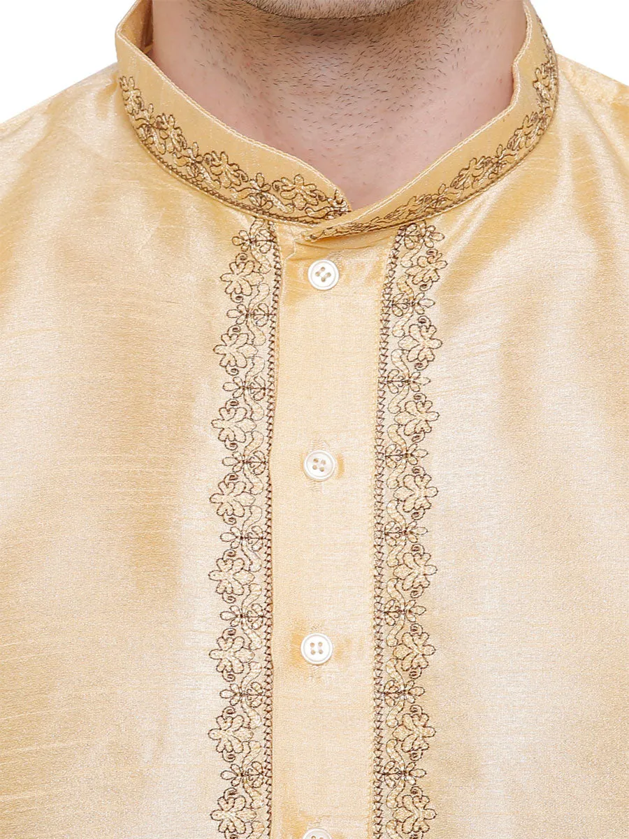 Party Wear Dupion Silk Mens Kurta Pajama India Clothing (Golden)