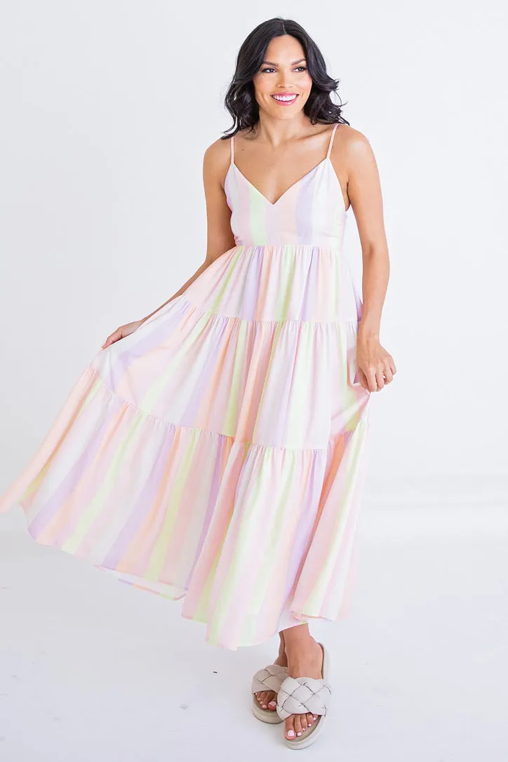 Pastel Stripe Tier Maxi Dress