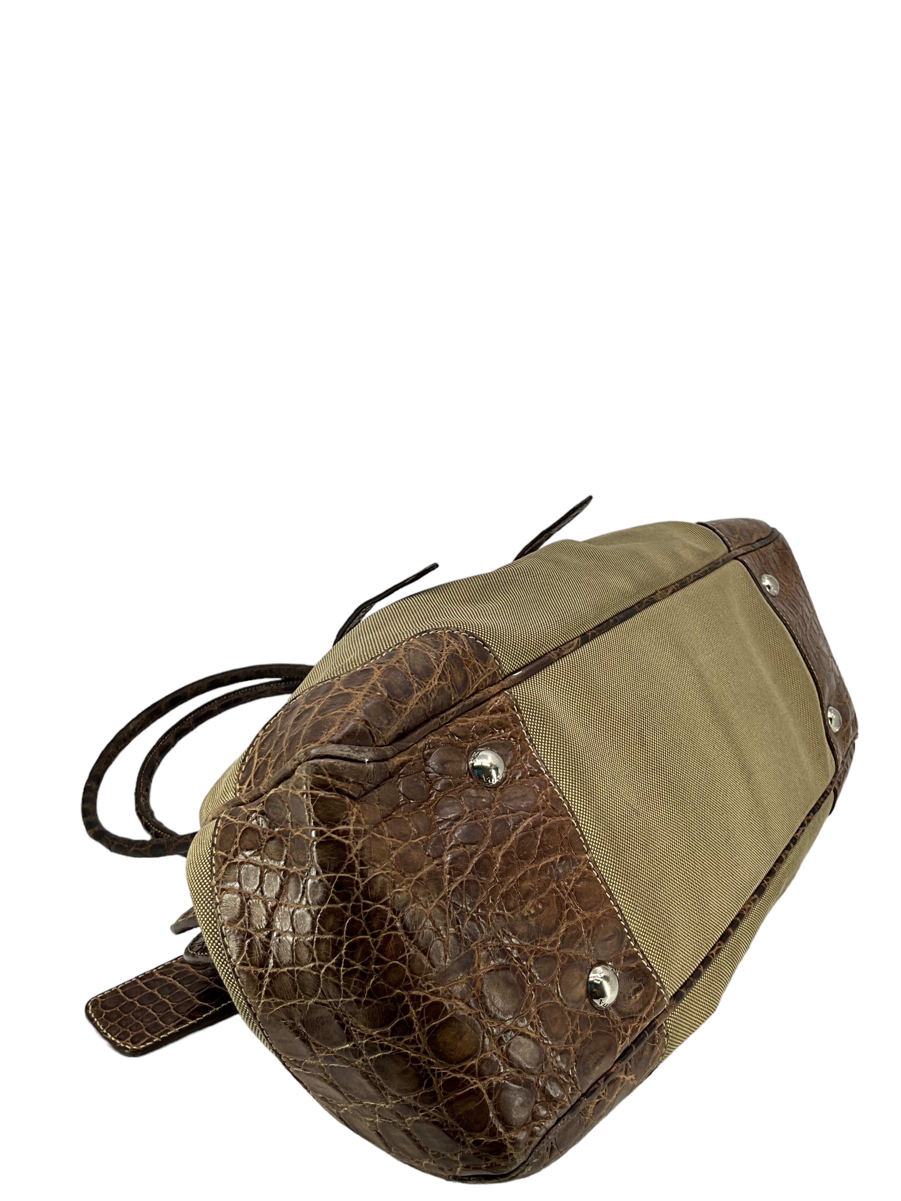 Prada Canvas And Brown Crocodile Handbag