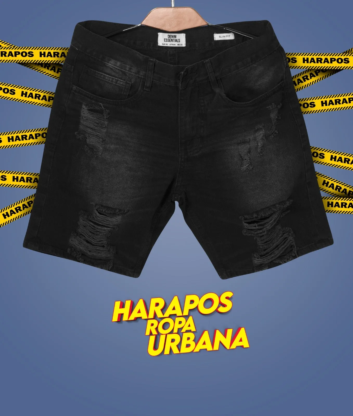 Short jean essentials negro triple rasgado