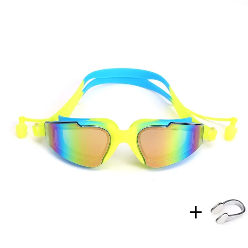 Swimming Glasses with Earplugs Nose Clip Electroplate Waterproof