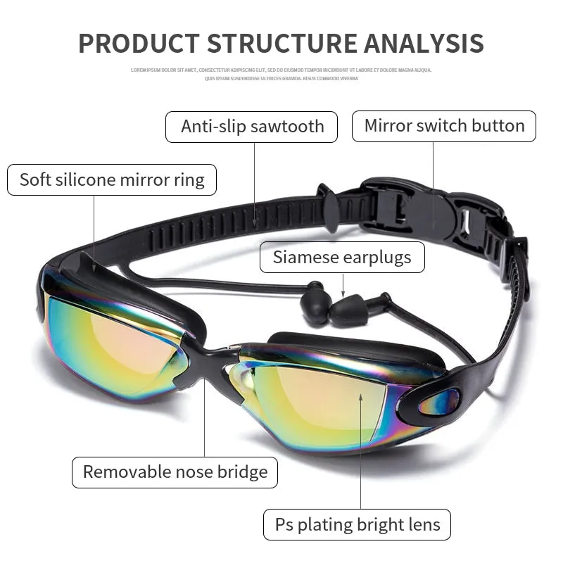 Swimming Glasses with Earplugs Nose Clip Electroplate Waterproof