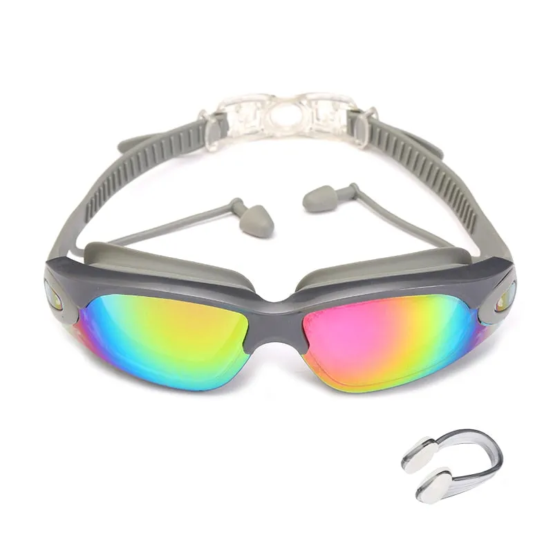 Swimming Glasses with Earplugs Nose Clip Electroplate Waterproof