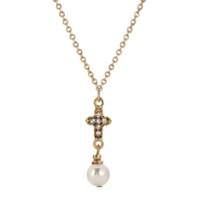 Symbols Of Faith Crystal Cross Faux Pearl Elegance Pendant Necklace 16