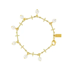 Symbols Of Faith Multi Cross Faux Pearl Link Bracelet