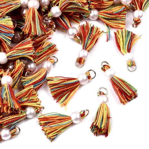 Tassels, Mini Tassels, With Jump Ring And Faux Pearl, Poly Cotton, Assorted, Rainbow, 23mm