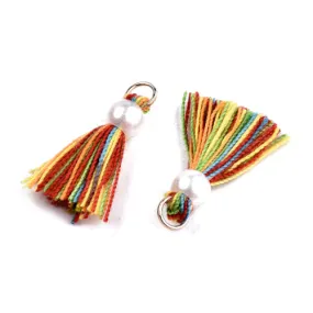 Tassels, Mini Tassels, With Jump Ring And Faux Pearl, Poly Cotton, Assorted, Rainbow, 23mm