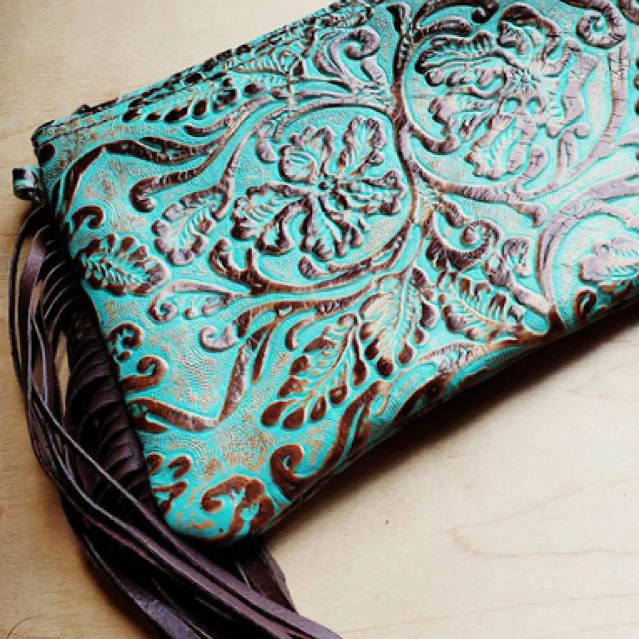 Turquoise Green Brown Embossed Leather Clutch Handbag