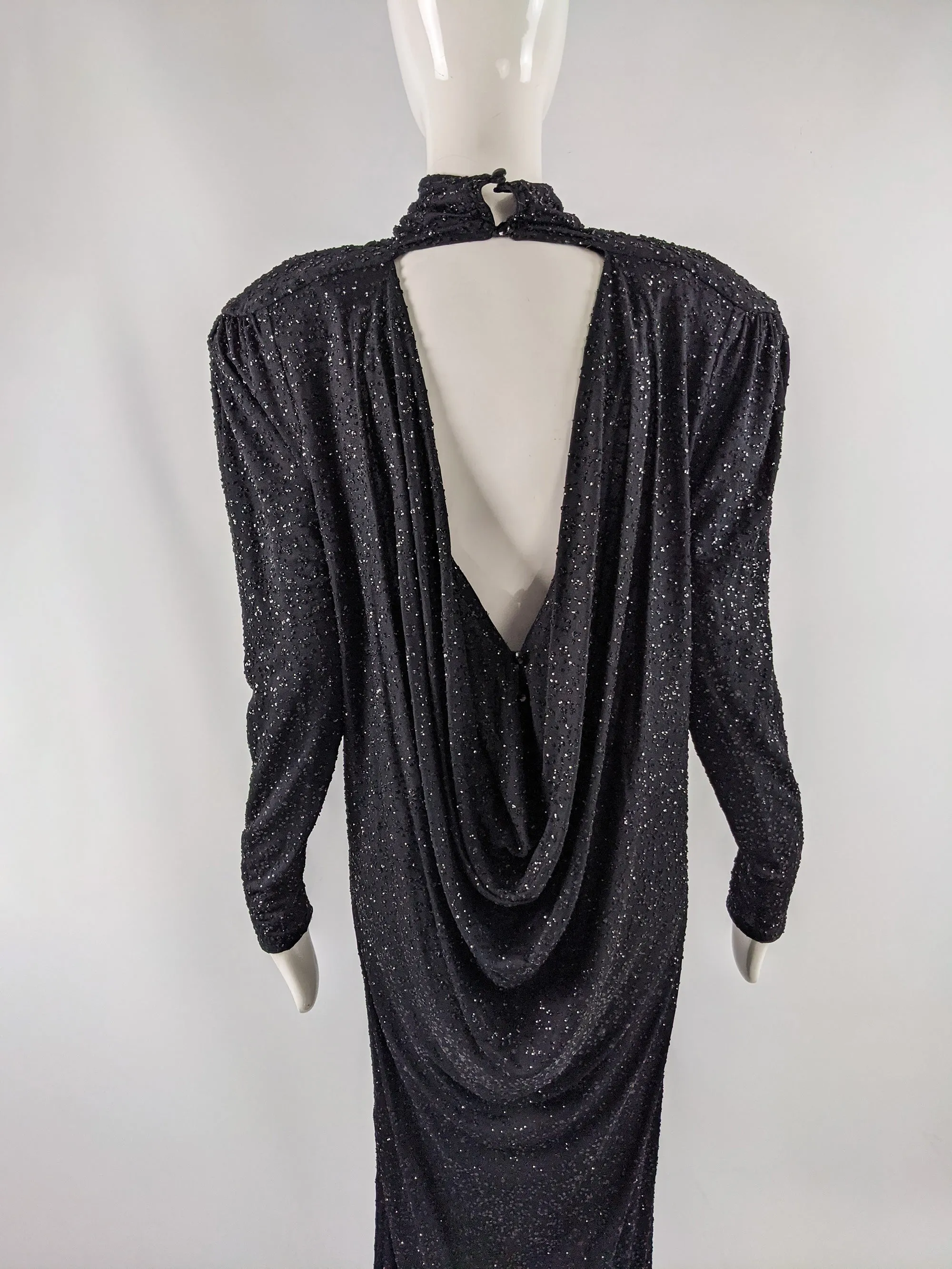 Vintage Shoulder Padded Black Glittery Backless Dress, 1980s