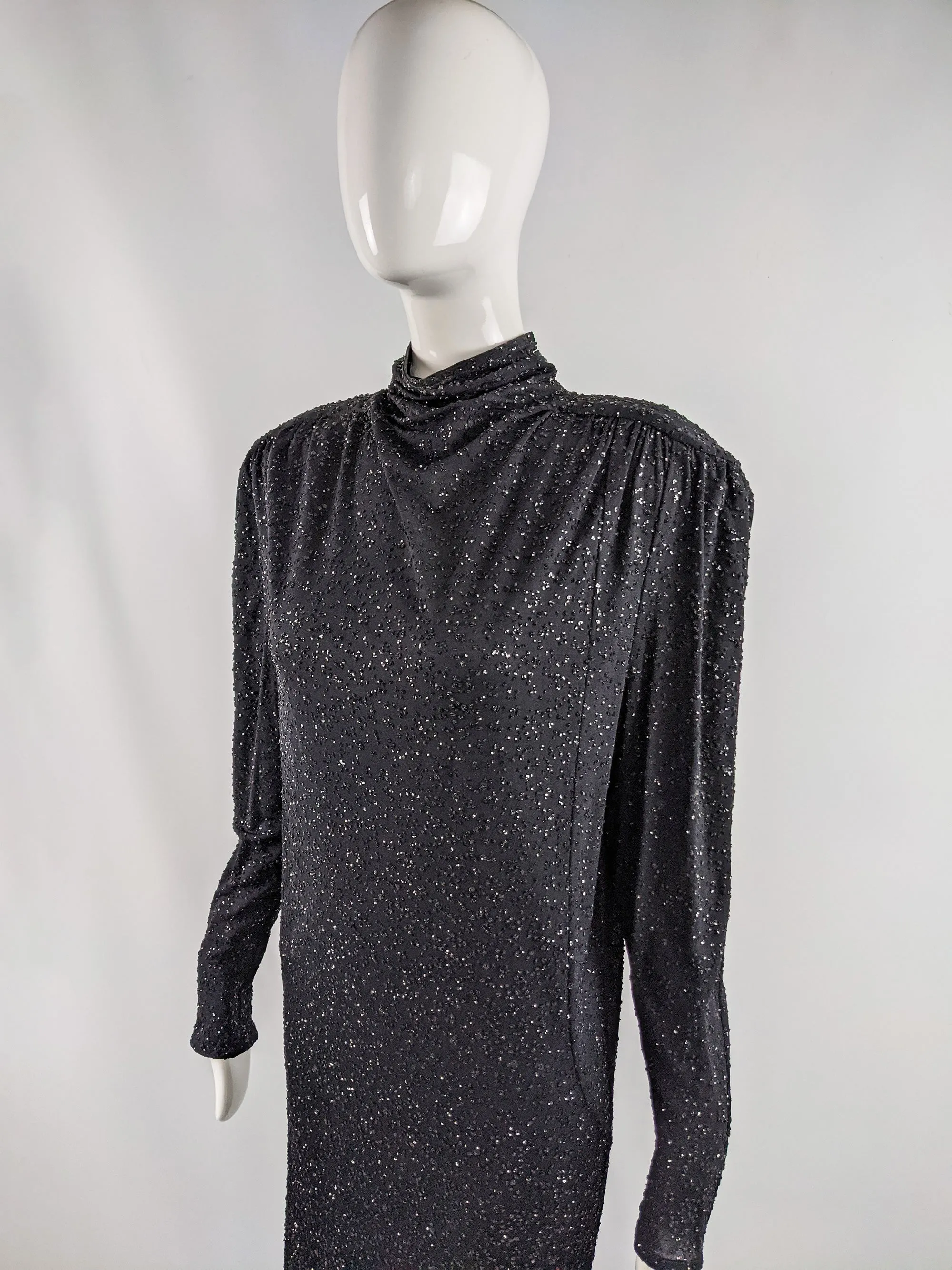 Vintage Shoulder Padded Black Glittery Backless Dress, 1980s