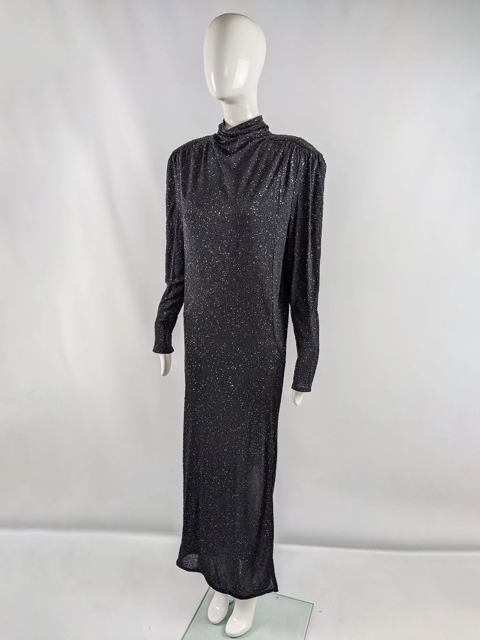 Vintage Shoulder Padded Black Glittery Backless Dress, 1980s