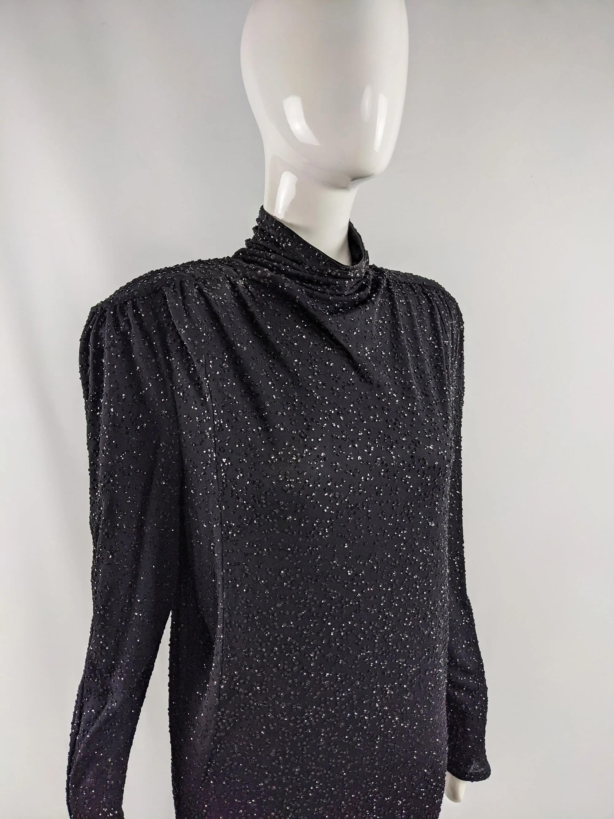 Vintage Shoulder Padded Black Glittery Backless Dress, 1980s