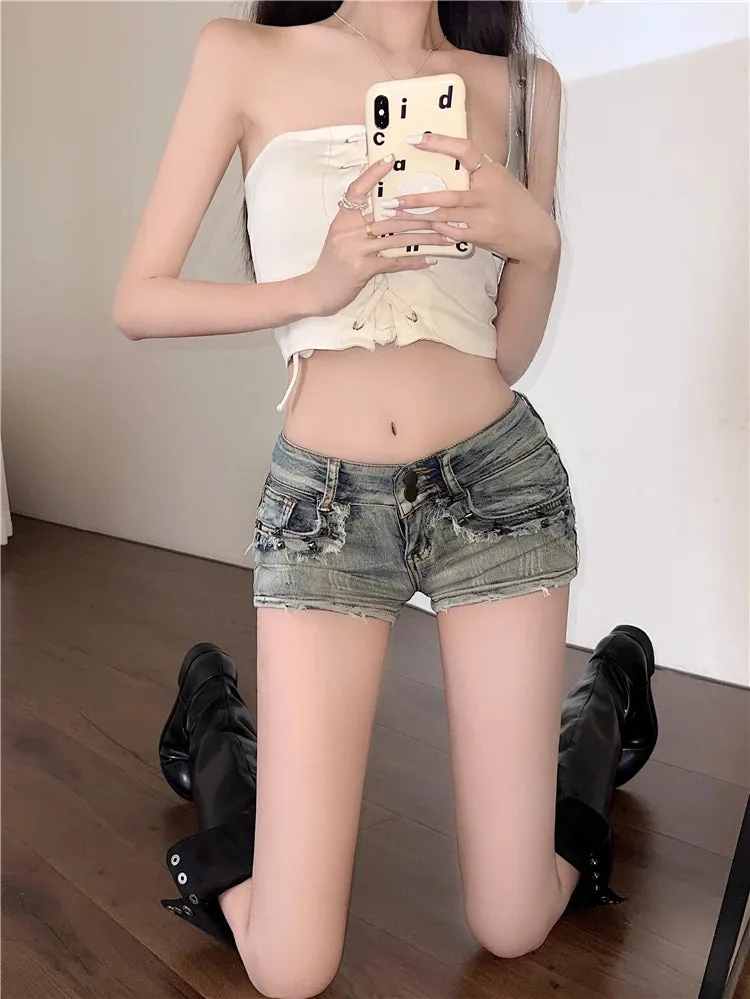 Women's American Low Waist Fur-lined Streetwear Vintage Style Denim Shorts