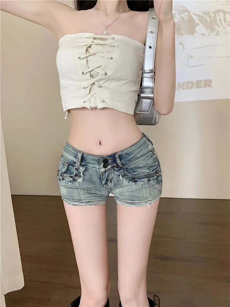 Women's American Low Waist Fur-lined Streetwear Vintage Style Denim Shorts