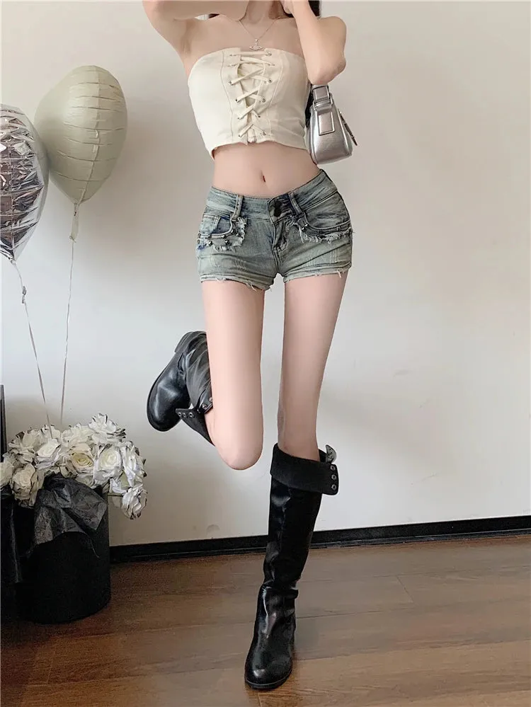 Women's American Low Waist Fur-lined Streetwear Vintage Style Denim Shorts