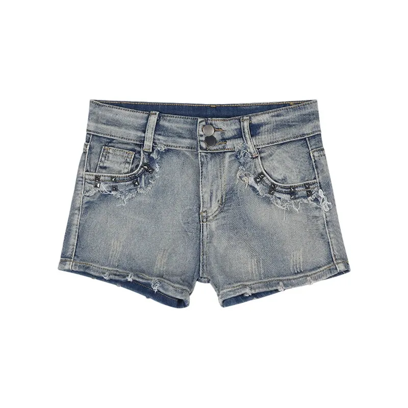 Women's American Low Waist Fur-lined Streetwear Vintage Style Denim Shorts