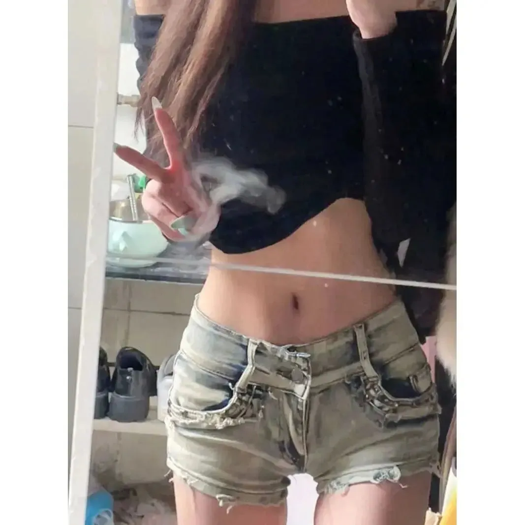 Women's American Low Waist Fur-lined Streetwear Vintage Style Denim Shorts